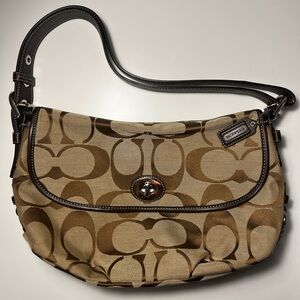 Coach Signature Jacquard Shoulder Bag Brown Tan Leather Trim Turnlock